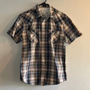 Bullhead brown and blue plaid pearl snap down shirt size large